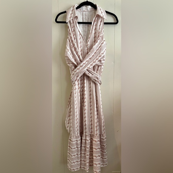 EVERLEIGH BROOKS Cream and Brown Patterned Front Criss Cross Tie Dress Sz M - Picture 1 of 8